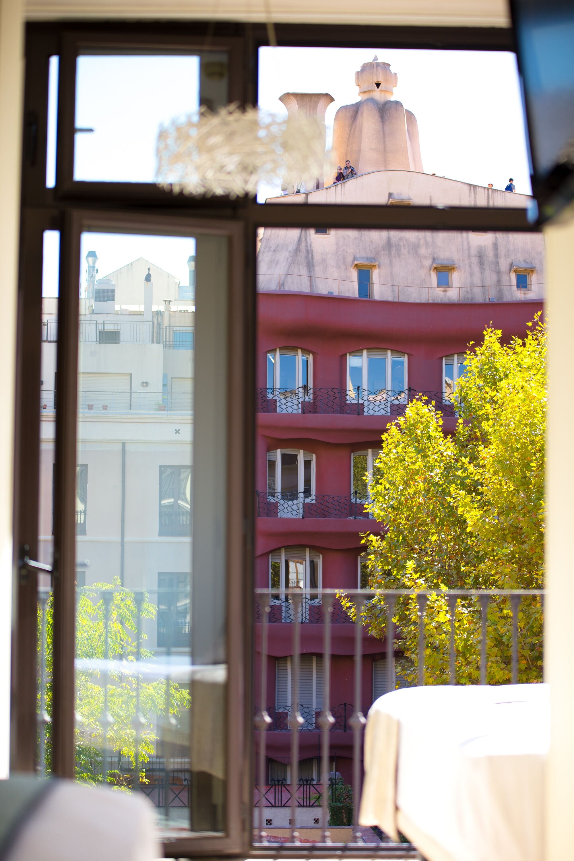 A room with a view of a building with balconies and a tree.