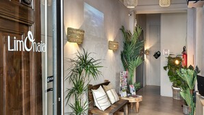 Vestíbulo de hotel con una recepción, un banco de madera y diversas plantas en macetas.