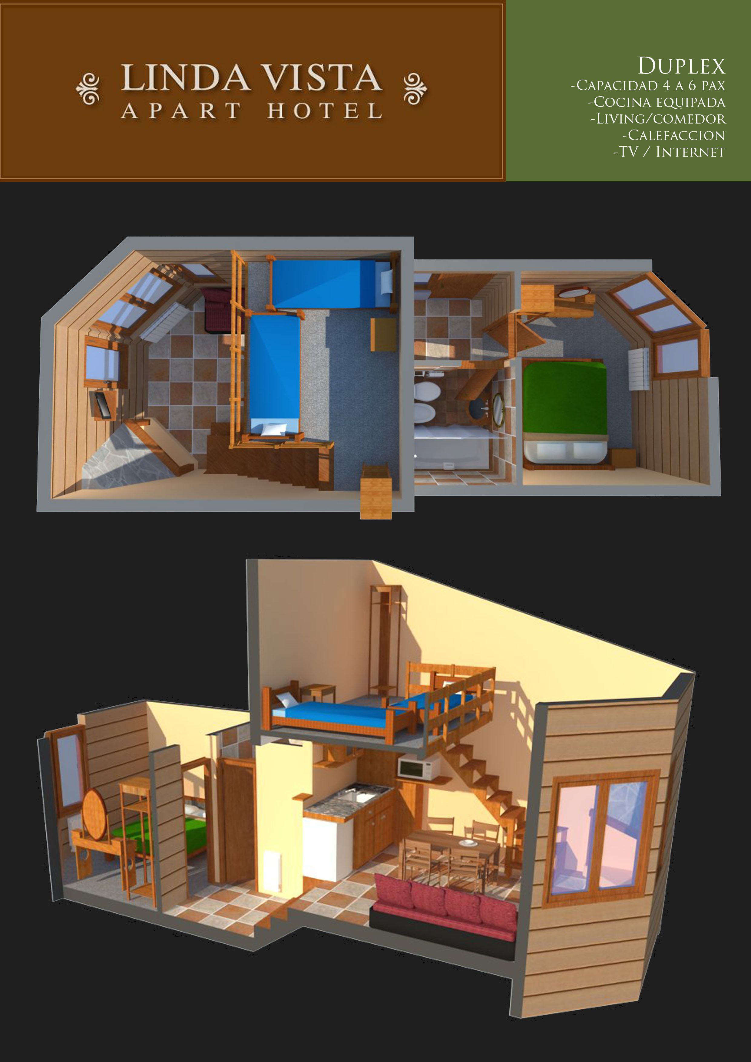 A 3D model of the Linda Vista Apartment Hotel duplex, featuring a kitchenette, living area, dining space, and a balcony.