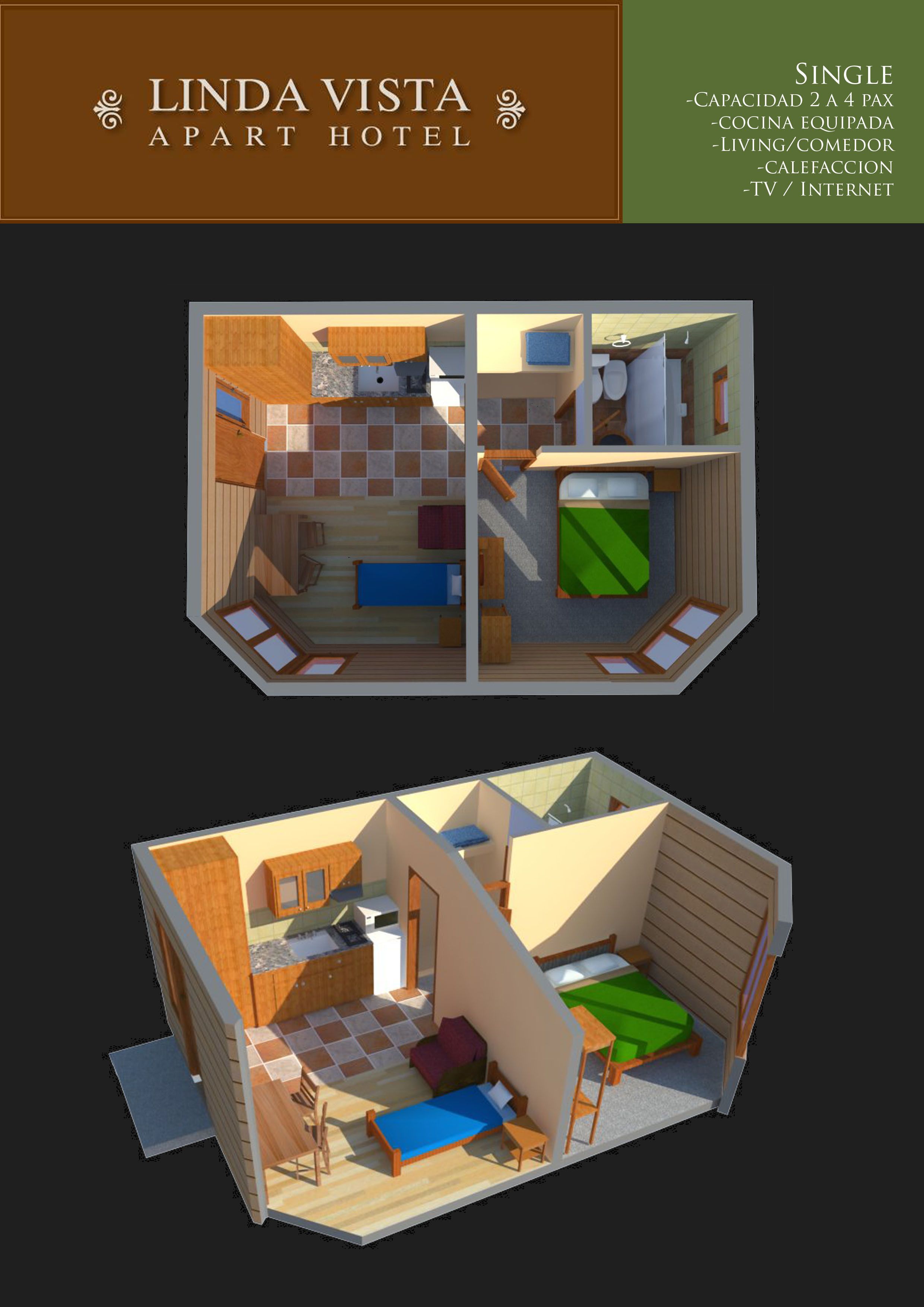 A 3D model of the Linda Vista Apart Hotel, featuring a kitchenette, a living area with a sofa and a bed, and a small balcony.