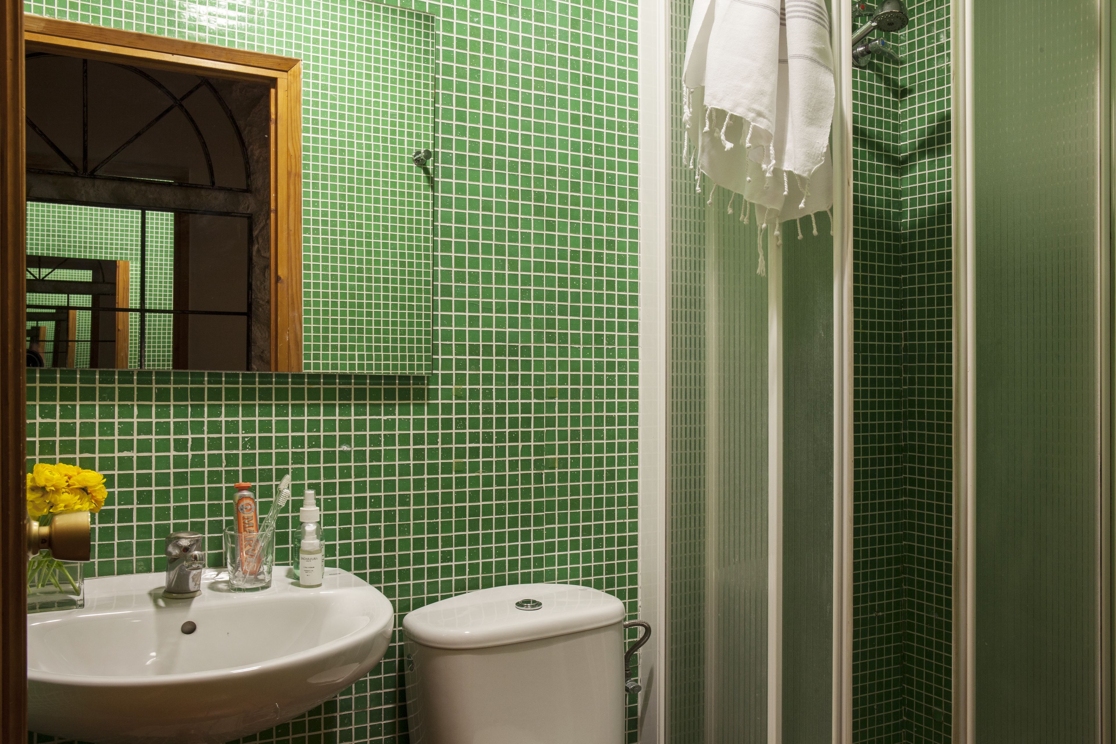 A bathroom with a sink, toilet, and shower.