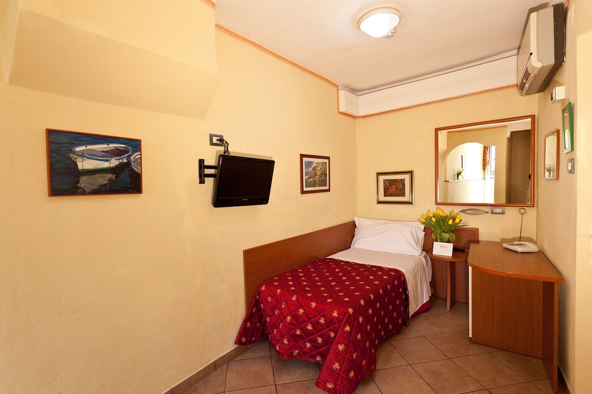 Habitación de hotel con cama, escritorio, espejo, televisor y obras de arte en las paredes.