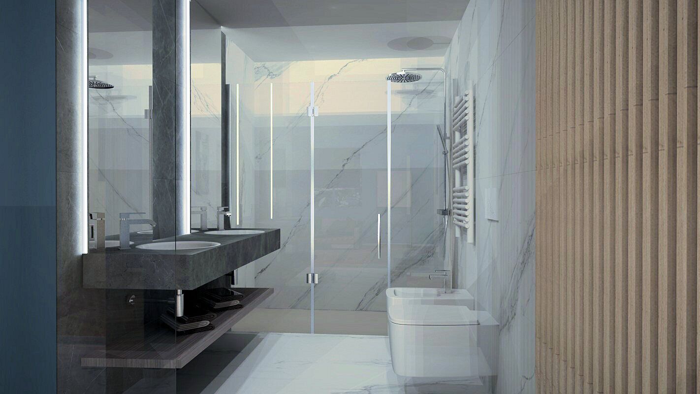 Une salle de bain moderne avec une douche à parois de verre, un lavabo sur un plan de toilette en marbre et un grand miroir.