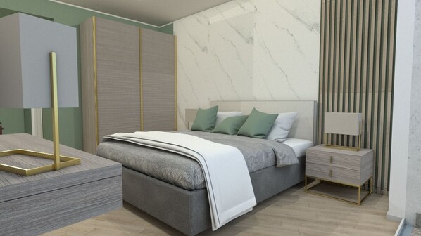 A modern bedroom with a bed, bedside table, and a wardrobe.