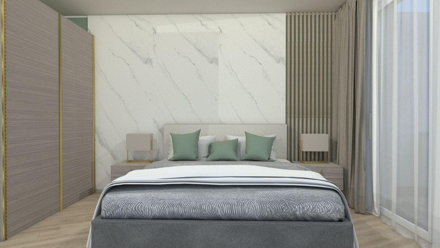 Une chambre moderne avec un grand lit, deux tables de chevet et un mur en marbre.