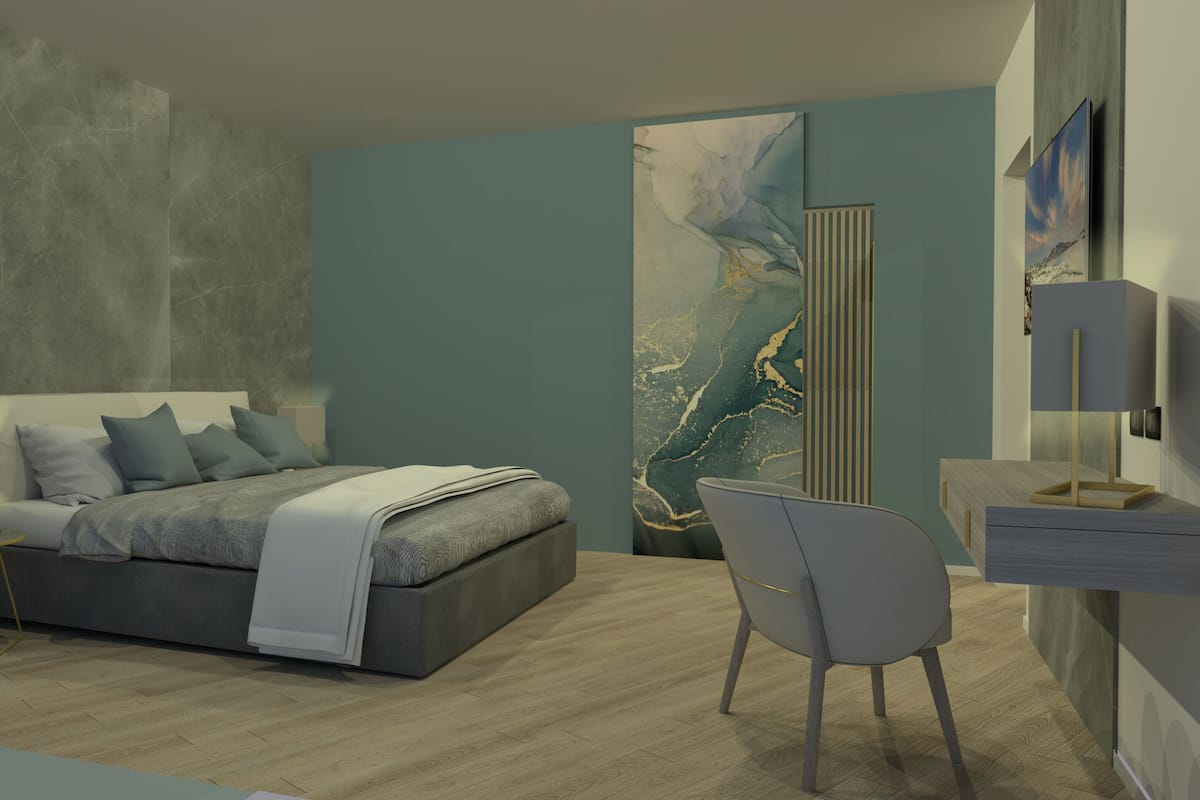 Une chambre à coucher moderne, avec un lit, une table de chevet, une chaise et une œuvre d’art accrochée au mur.