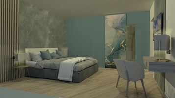Un dormitorio moderno con cama, mesita de noche, silla y una obra de arte en la pared.