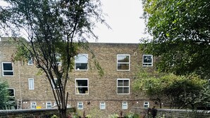 Un patio con un edificio de ladrillo, un árbol y jardines elevados con diversas plantas.