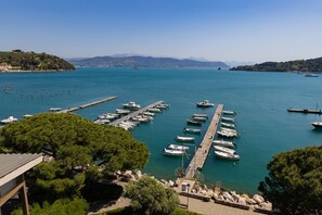 Una marina con barcos amarrados, rodeada de vegetación y colinas al fondo.