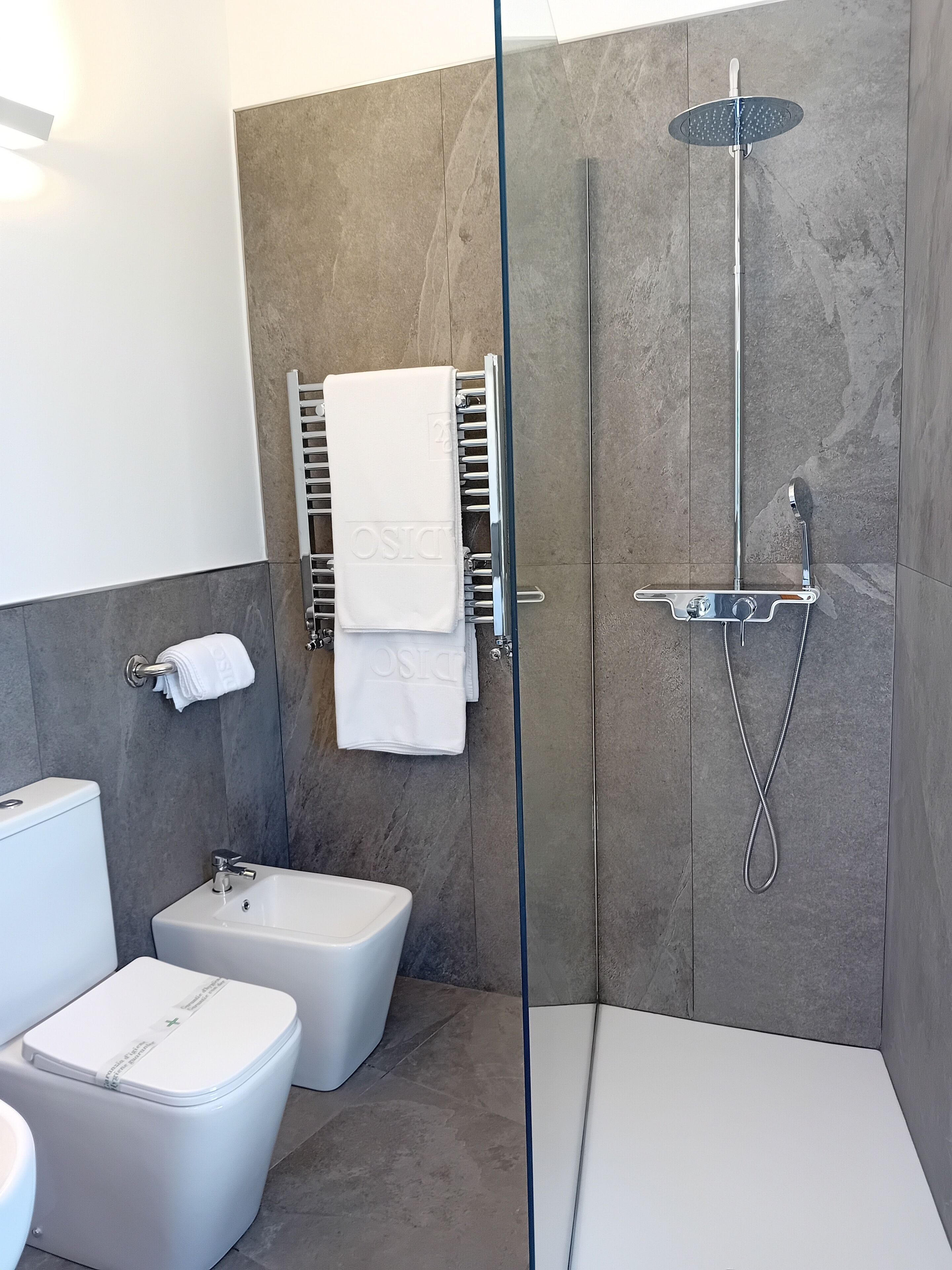 A modern bathroom with a shower, bidet, and toilet.