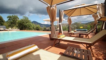 Seasonal outdoor pool, pool umbrellas, sun loungers