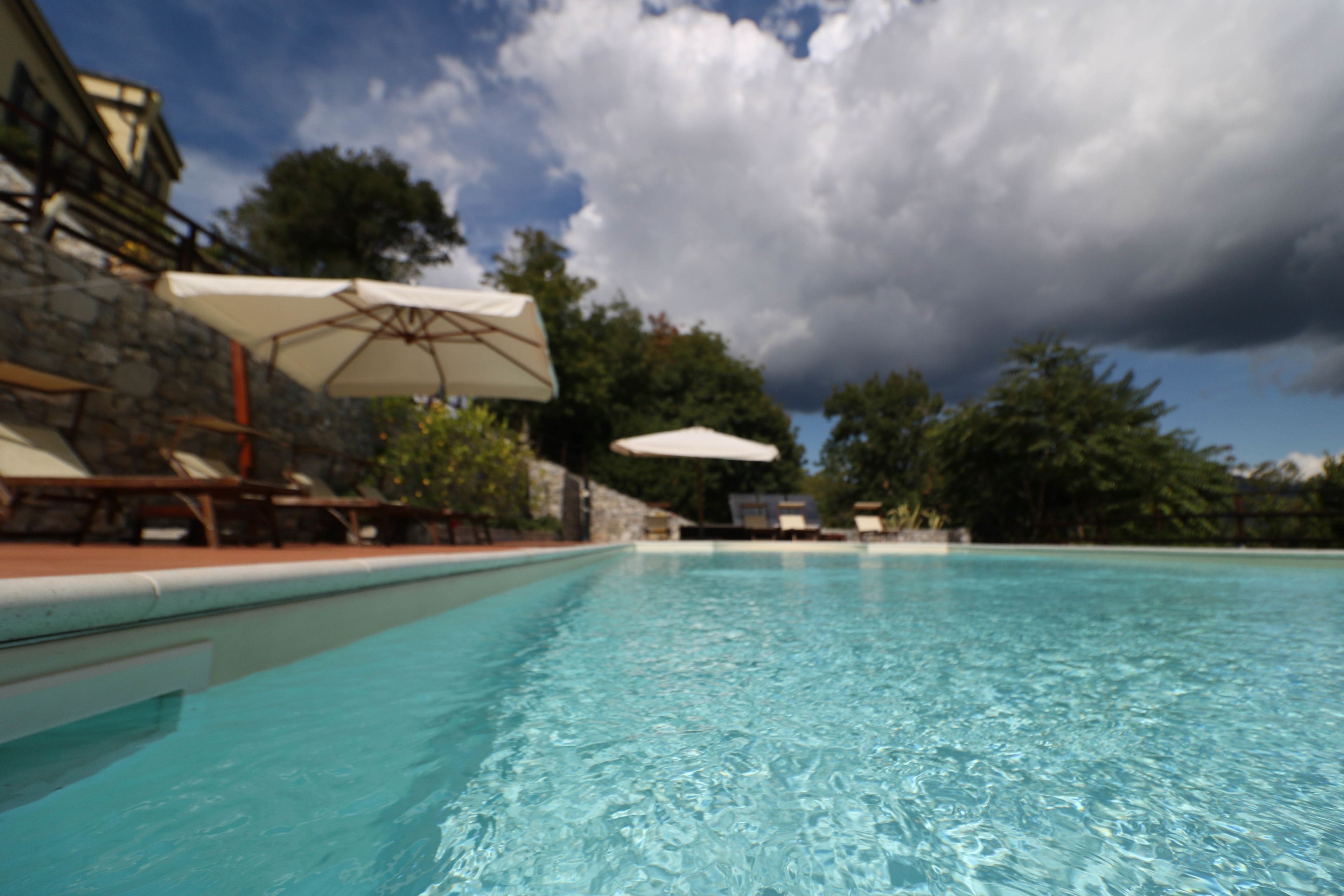 seasonal outdoor pool, pool umbrellas, pool loungers