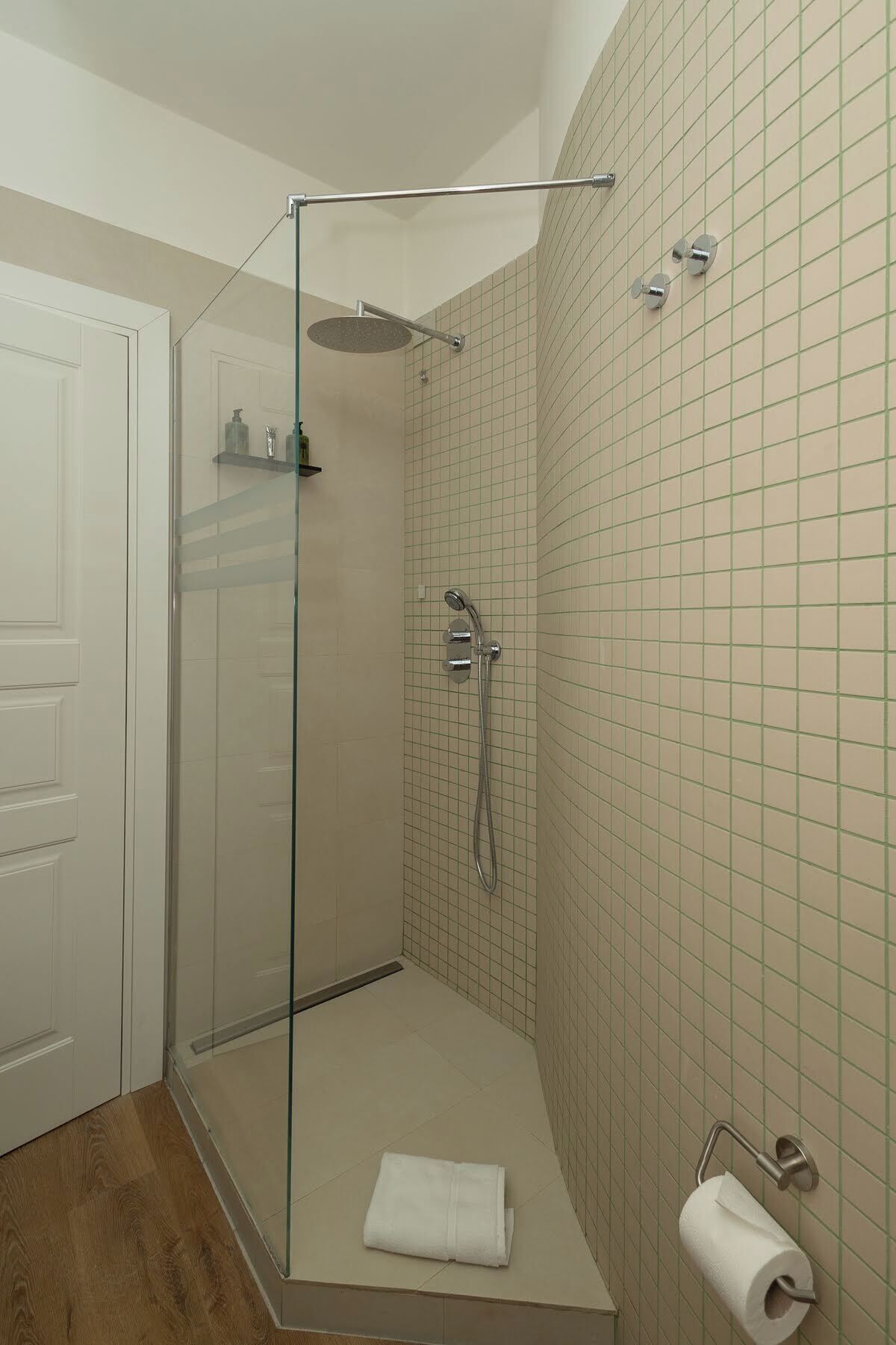 Une salle de bain moderne avec une douche à parois de verre, un porte-rouleau de papier toilette et une serviette posée sur le sol.