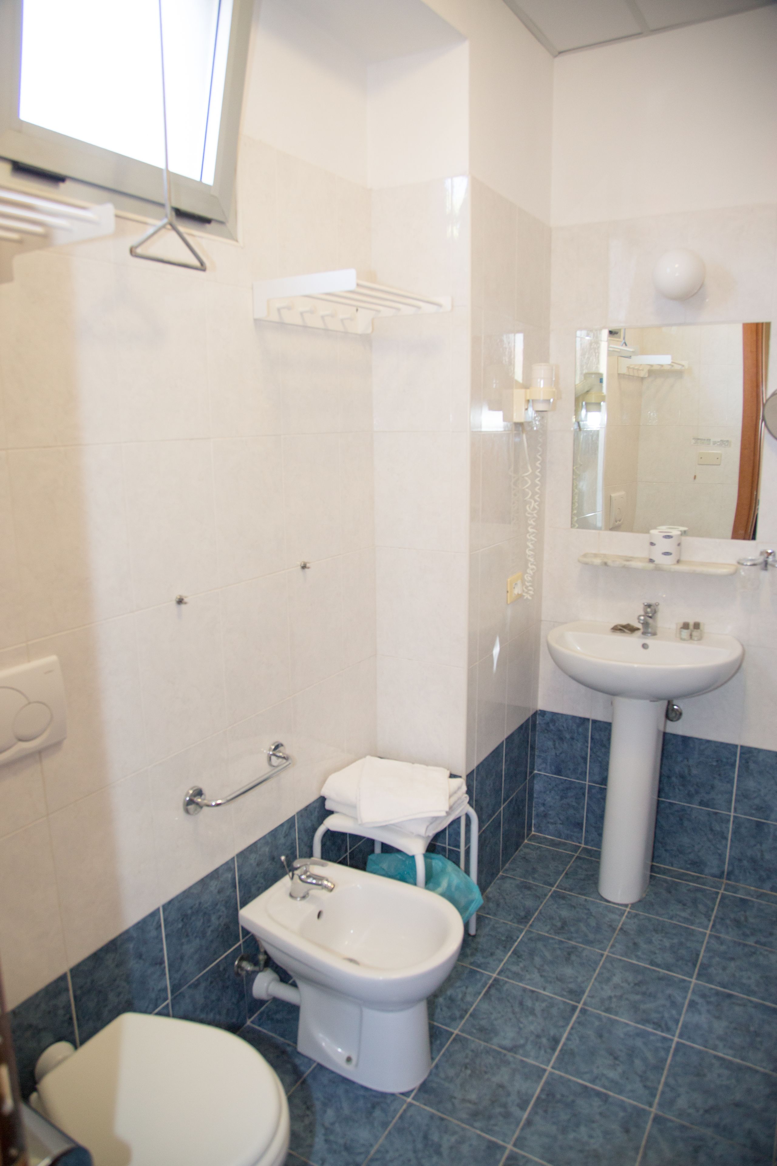 Une salle de bain équipée de toilettes, d’un bidet et d’un lavabo.