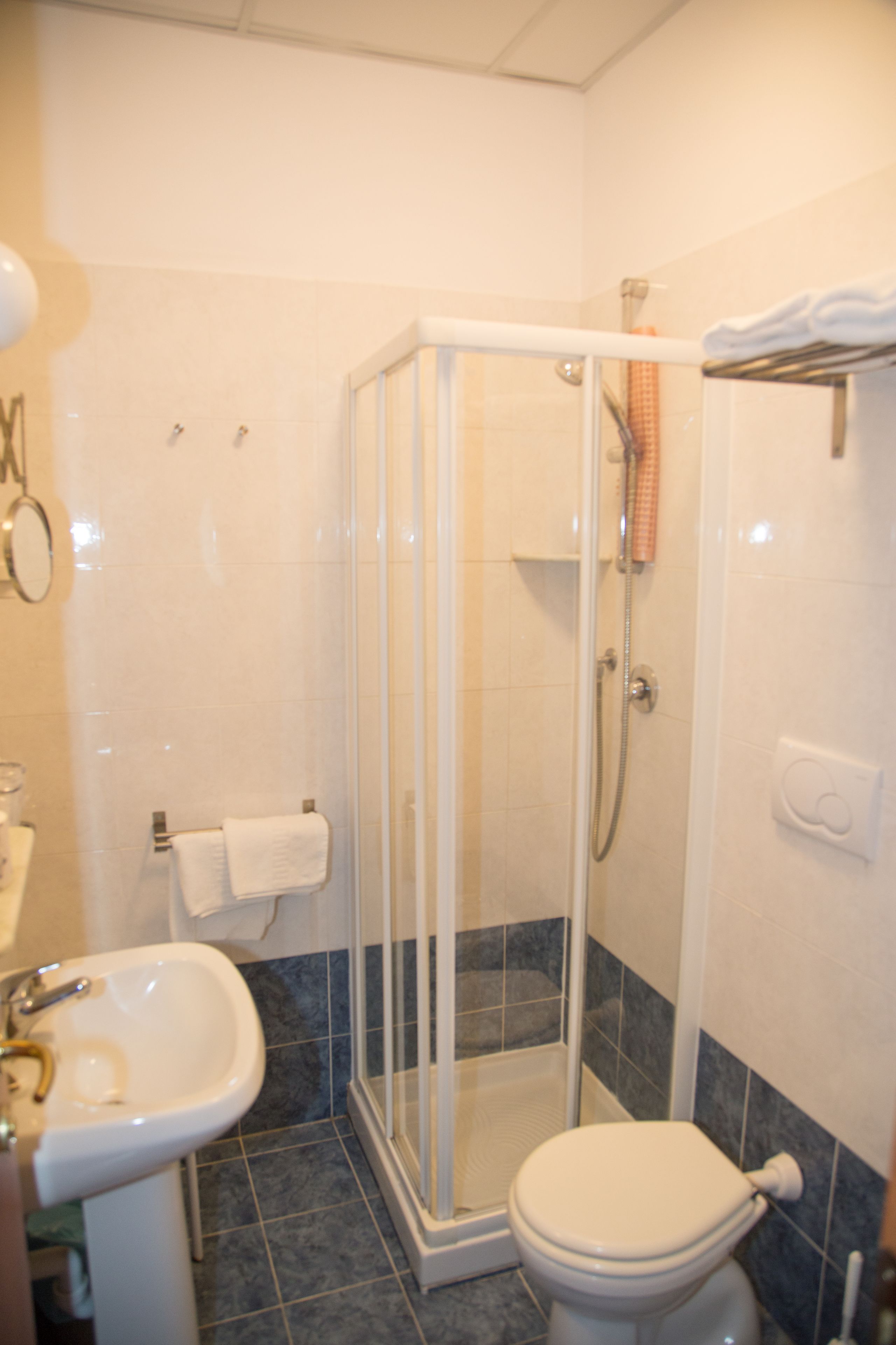 A bathroom with a glass-enclosed shower, a white sink, and a toilet.