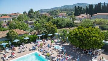 Seasonal outdoor pool, pool umbrellas, pool loungers