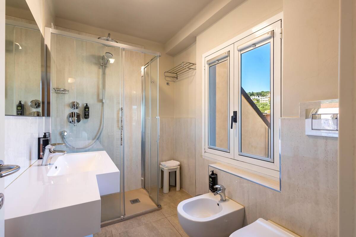 shower, free toiletries, hair dryer, bidet