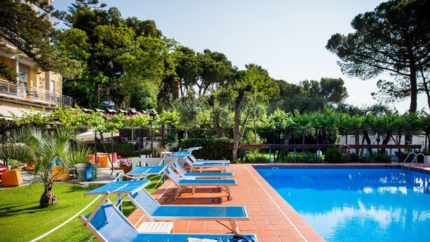 Un espace aménagé au bord de la piscine, avec des chaises longues, une piscine et une végétation luxuriante tout autour.