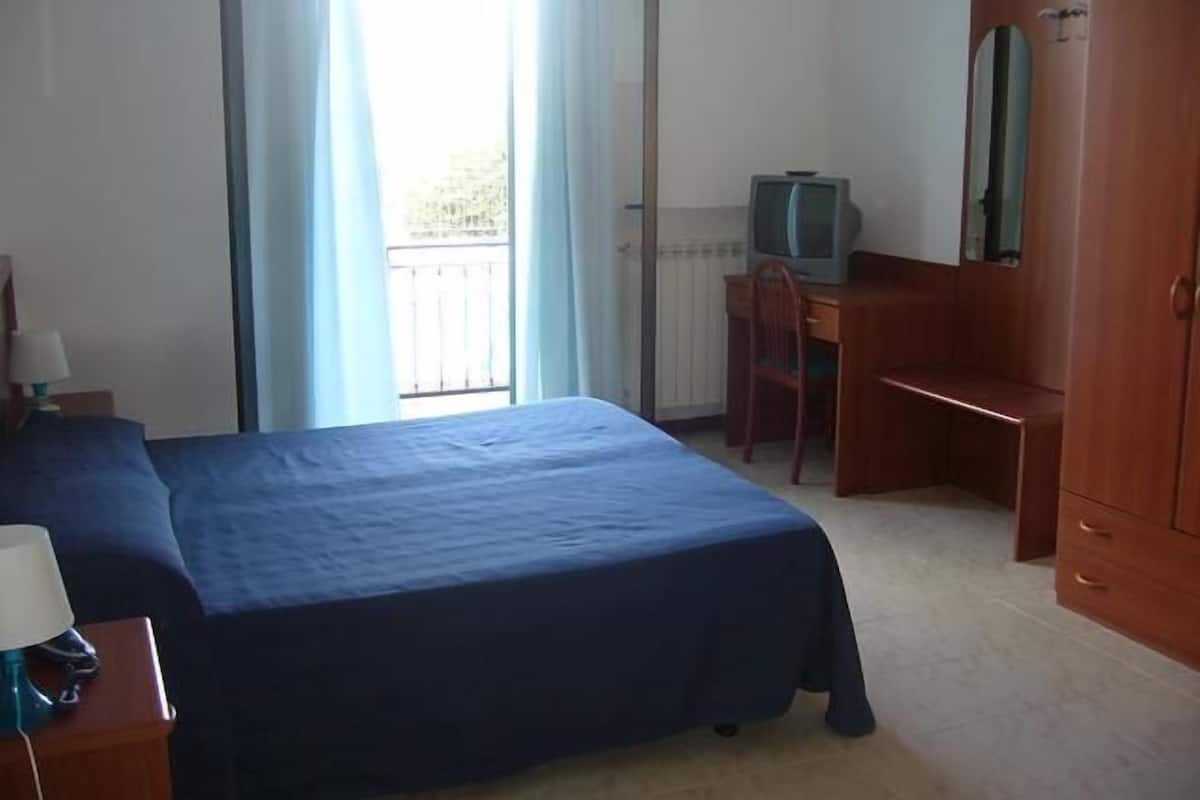 Una camera d'albergo con un letto, una scrivania, una televisione e un armadio.