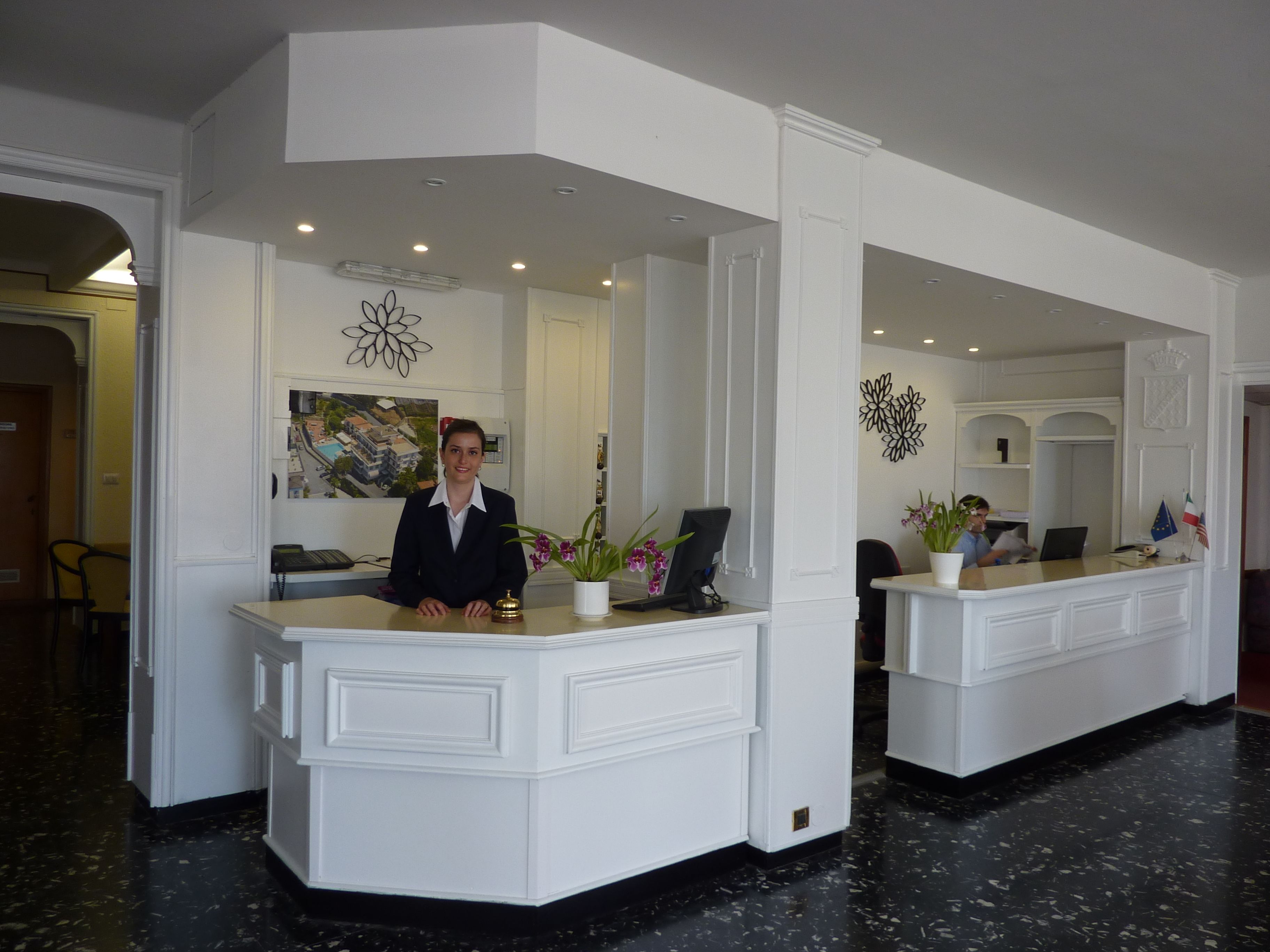 Zona reception di un hotel con una recezionista, due banchi informazioni, una pianta in vaso e un elemento decorativo a parete.