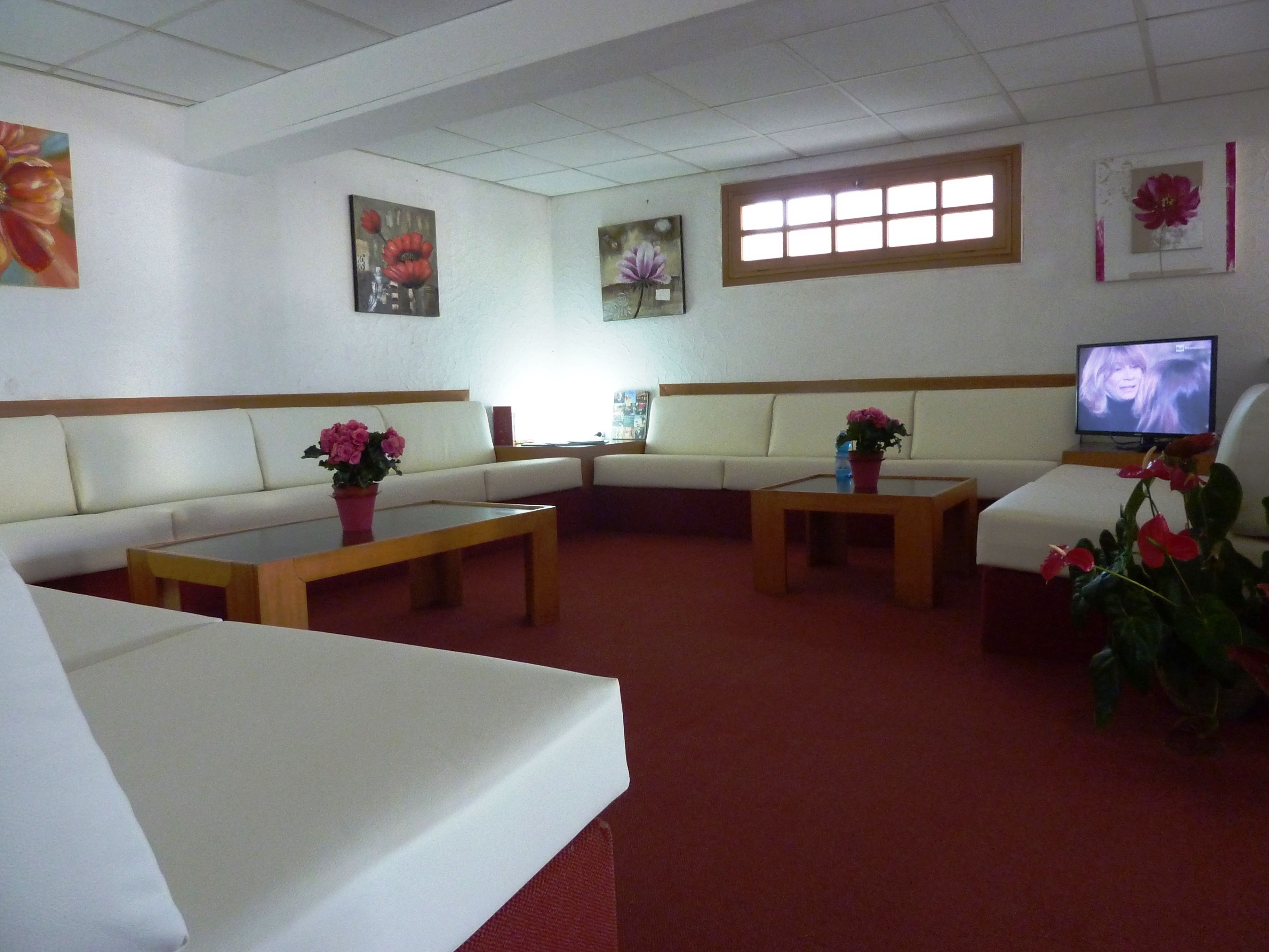 Habitación de hotel con sofá, dos mesitas de centro, televisión y adornos florales.