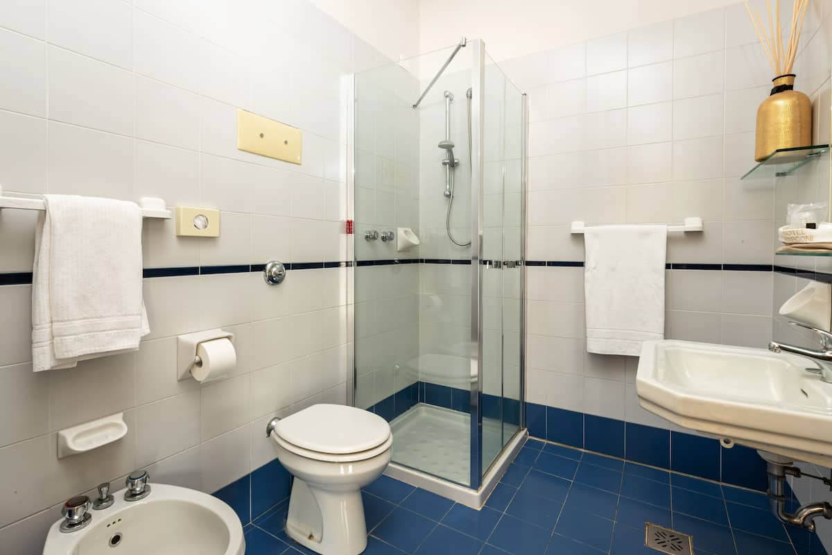 comfort double or twin room, partial lake view, annex building | bathroom | shower, hair dryer, bidet, towels