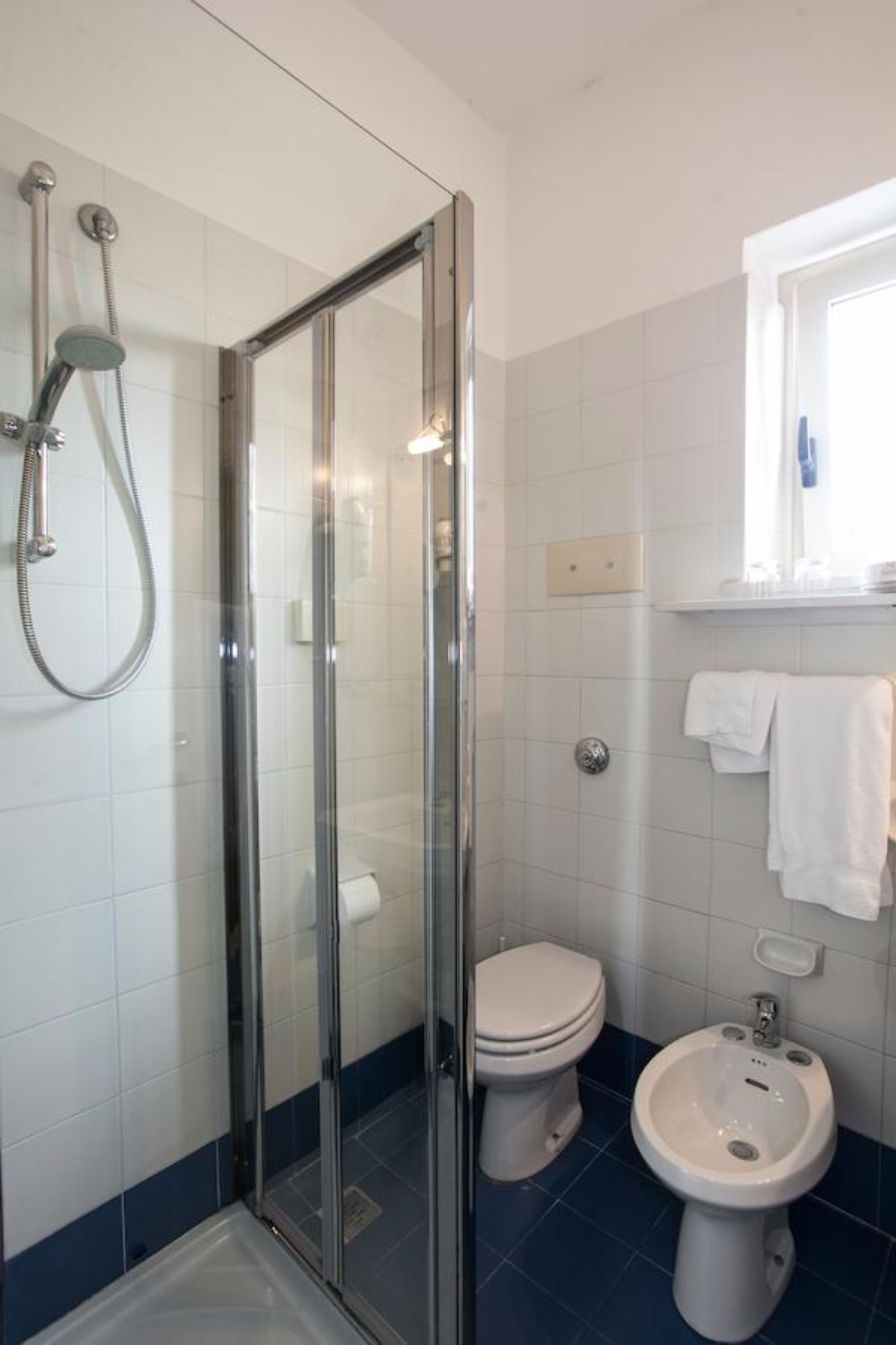 shower, hair dryer, bidet, towels