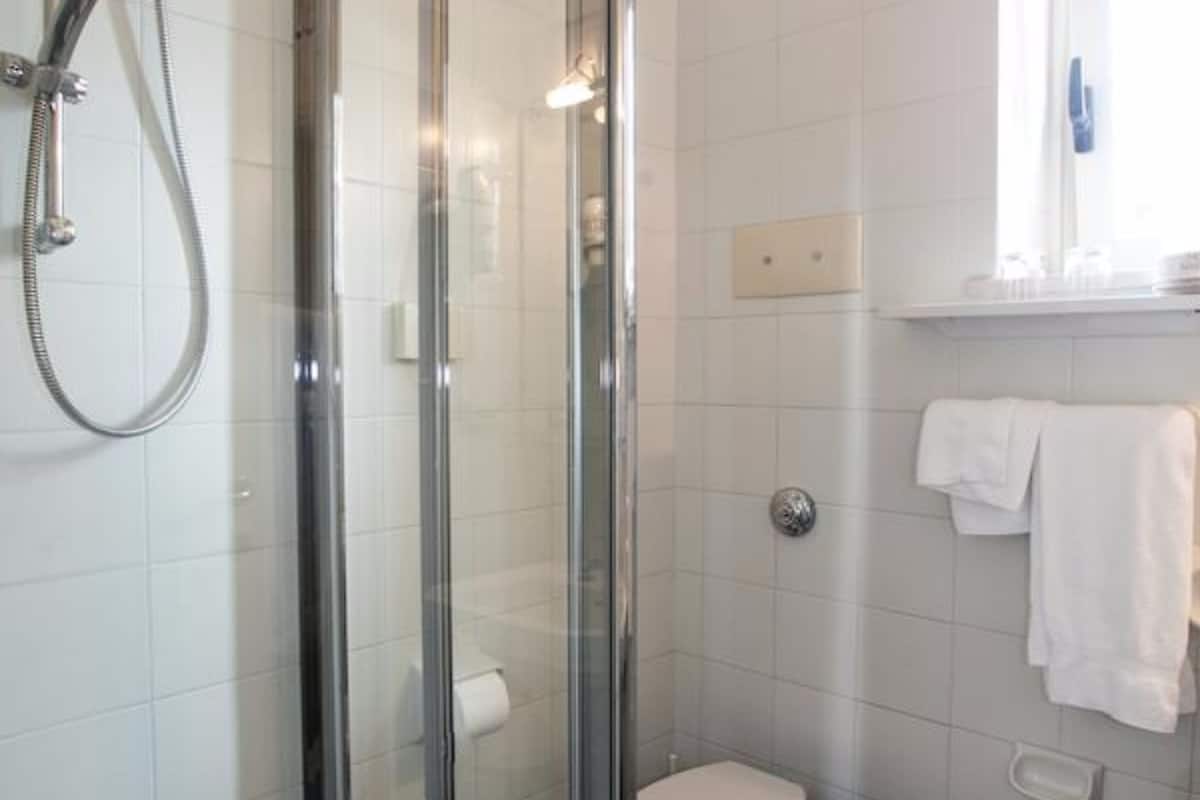 shower, hair dryer, bidet, towels