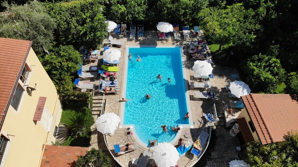 Vista aérea de una piscina rodeada de tumbonas y sombrillas, con gente nadando y relajándose.
