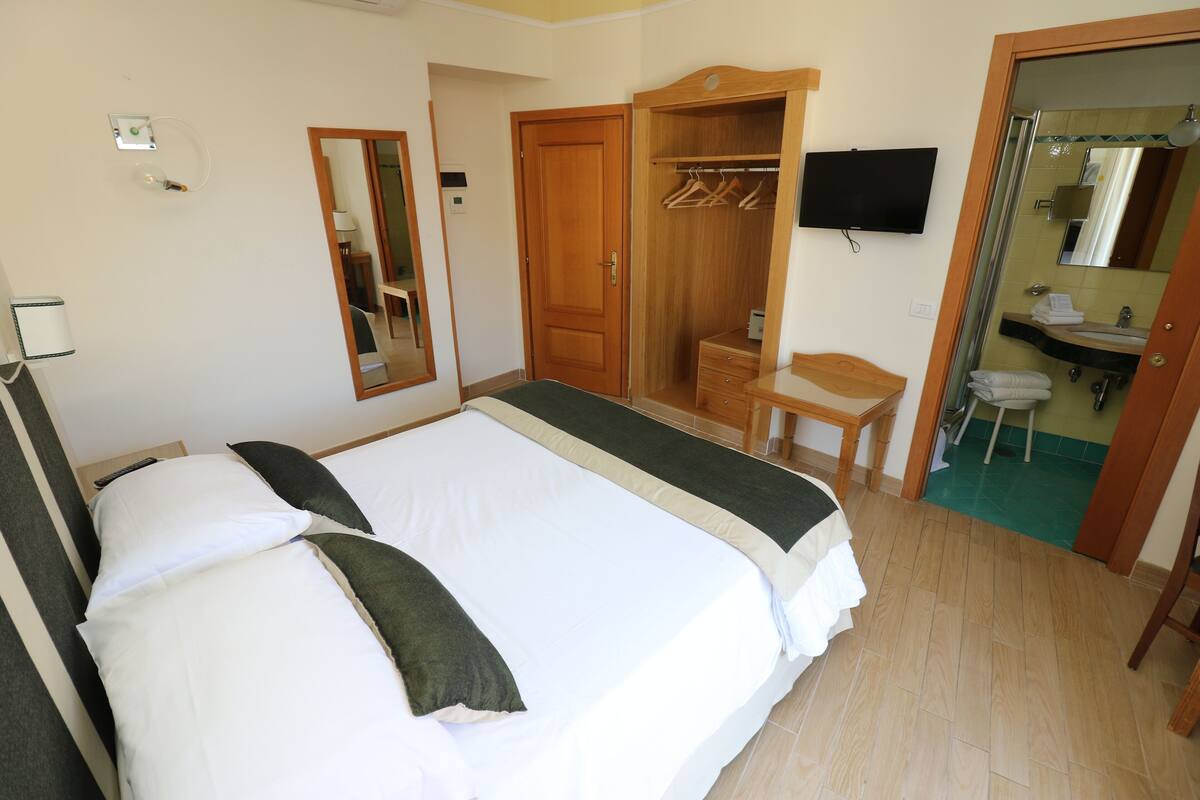 A bedroom with a bed, a wardrobe, a desk, and a bathroom.