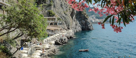 On the beach, sun loungers, beach umbrellas, beach towels