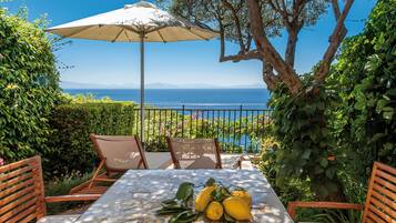 A patio with a table, chairs, and an umbrella overlooking a scenic view.