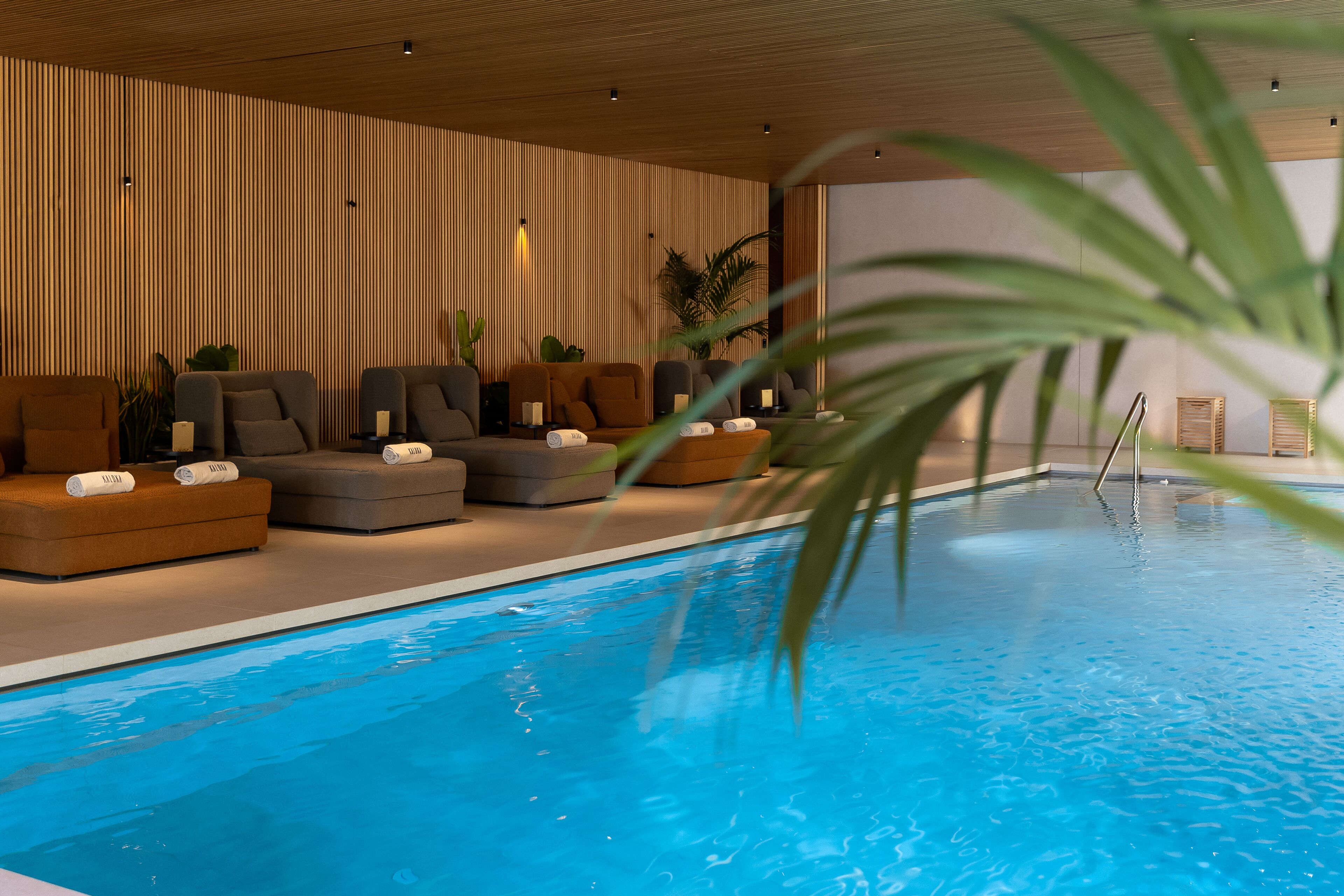 A modern indoor pool area with seating and plants.