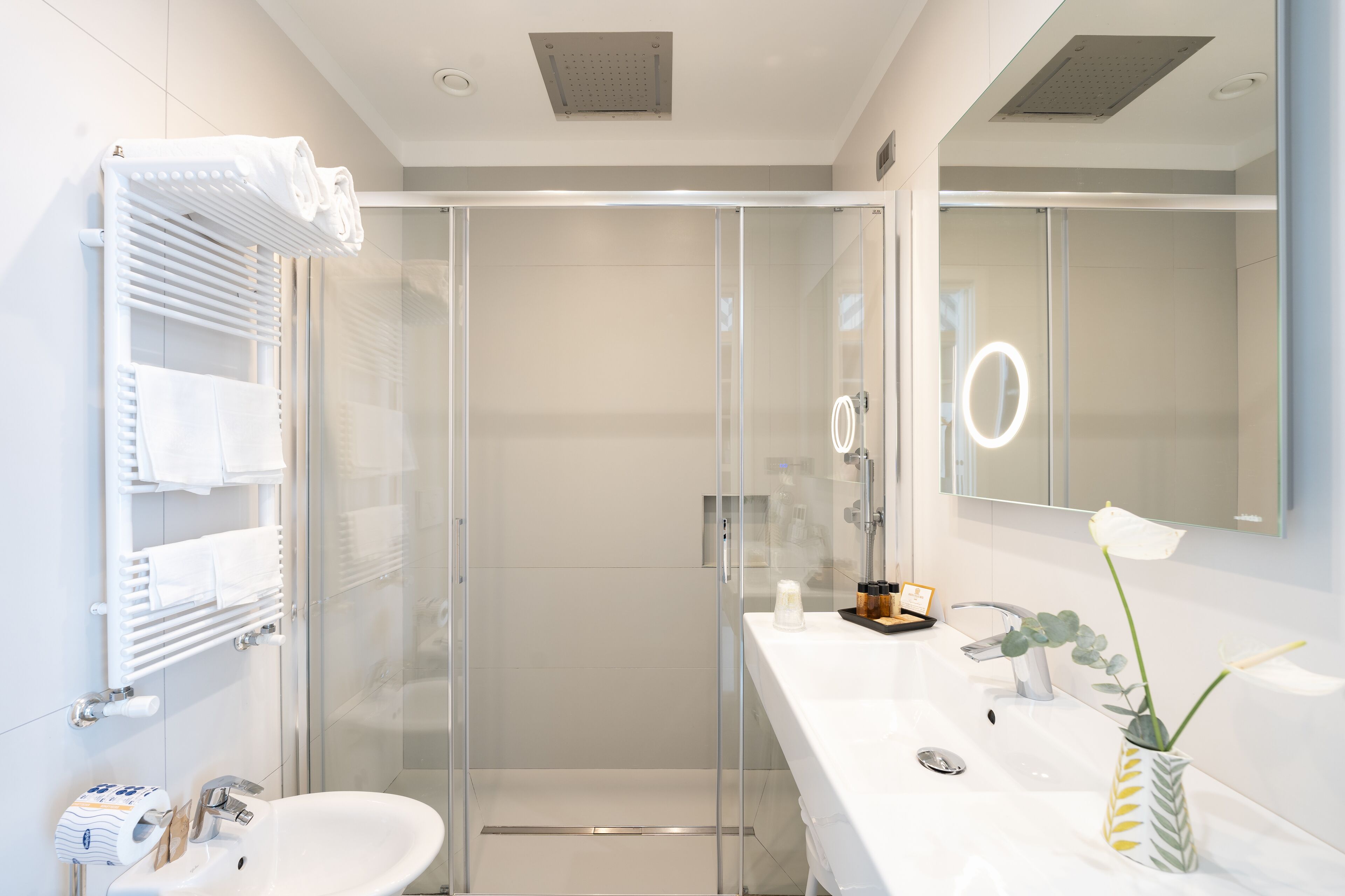 A modern bathroom with a glass-enclosed shower, a white sink, and a vanity with a mirror.
