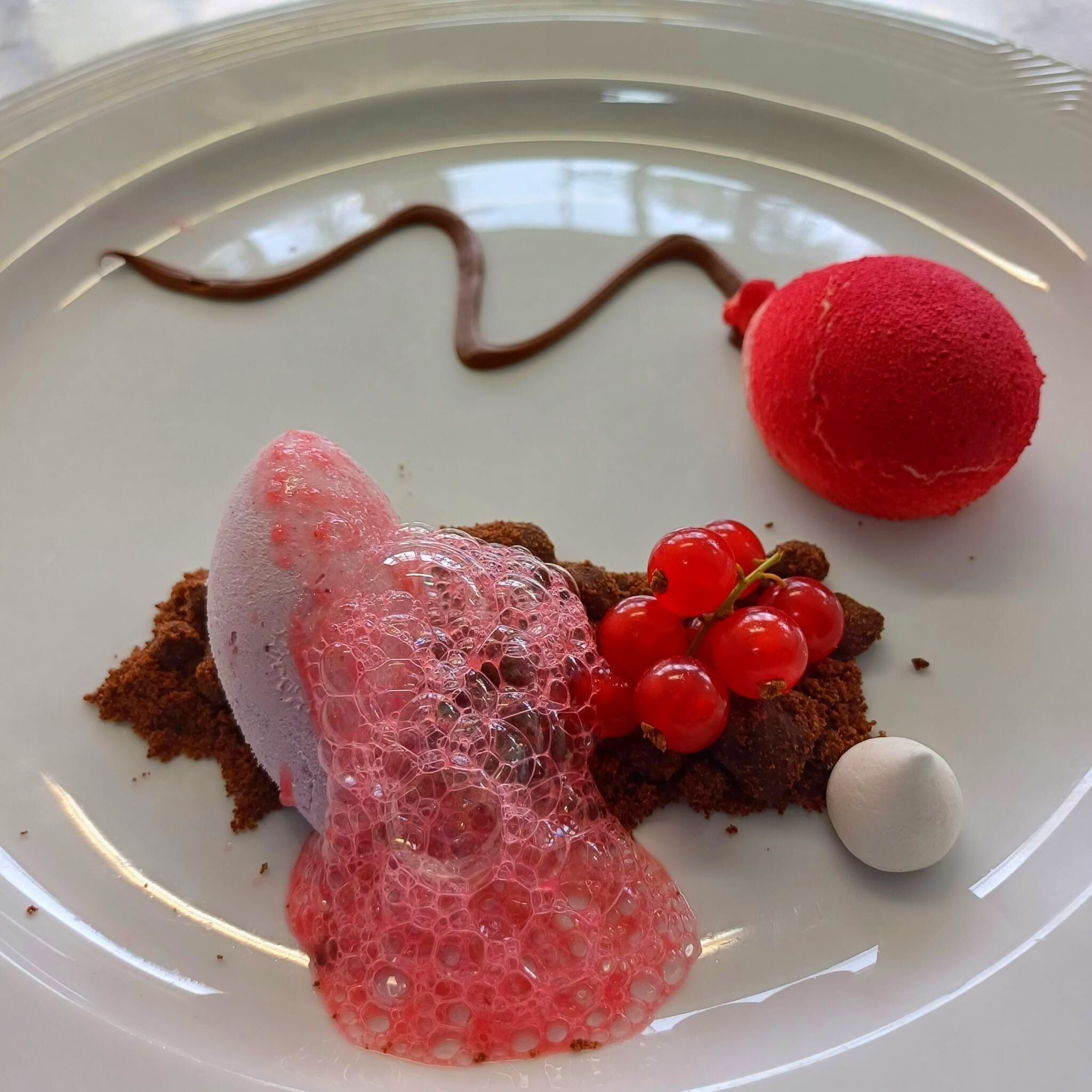 Un plato de postre con pastel de chocolate, bayas rojas, una esfera roja y una esfera blanca.