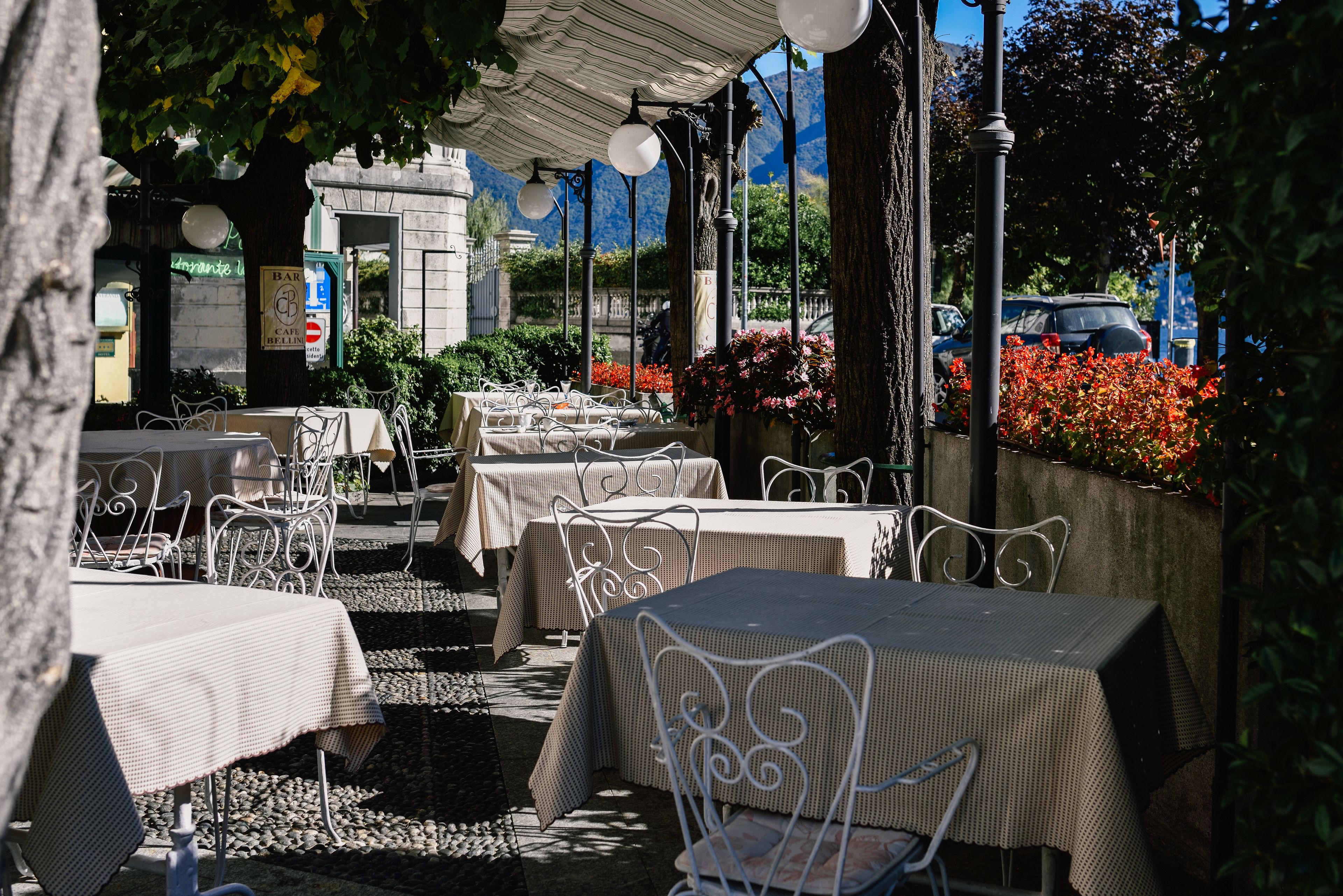Een terras met tafels en stoelen, omgeven door planten en bloemen.