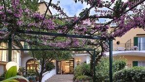 Un patio con una pérgola cubierta de flores moradas, una escalera que conduce a un edificio y un camino de ladrillo.