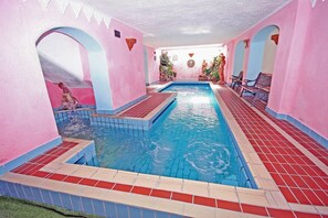 Indoor pool, outdoor pool, pool loungers
