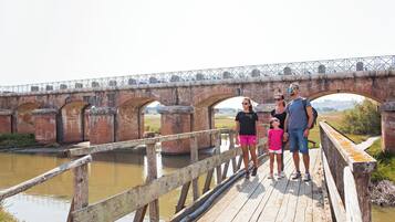 Uma família em uma ponte de madeira sobre um rio.