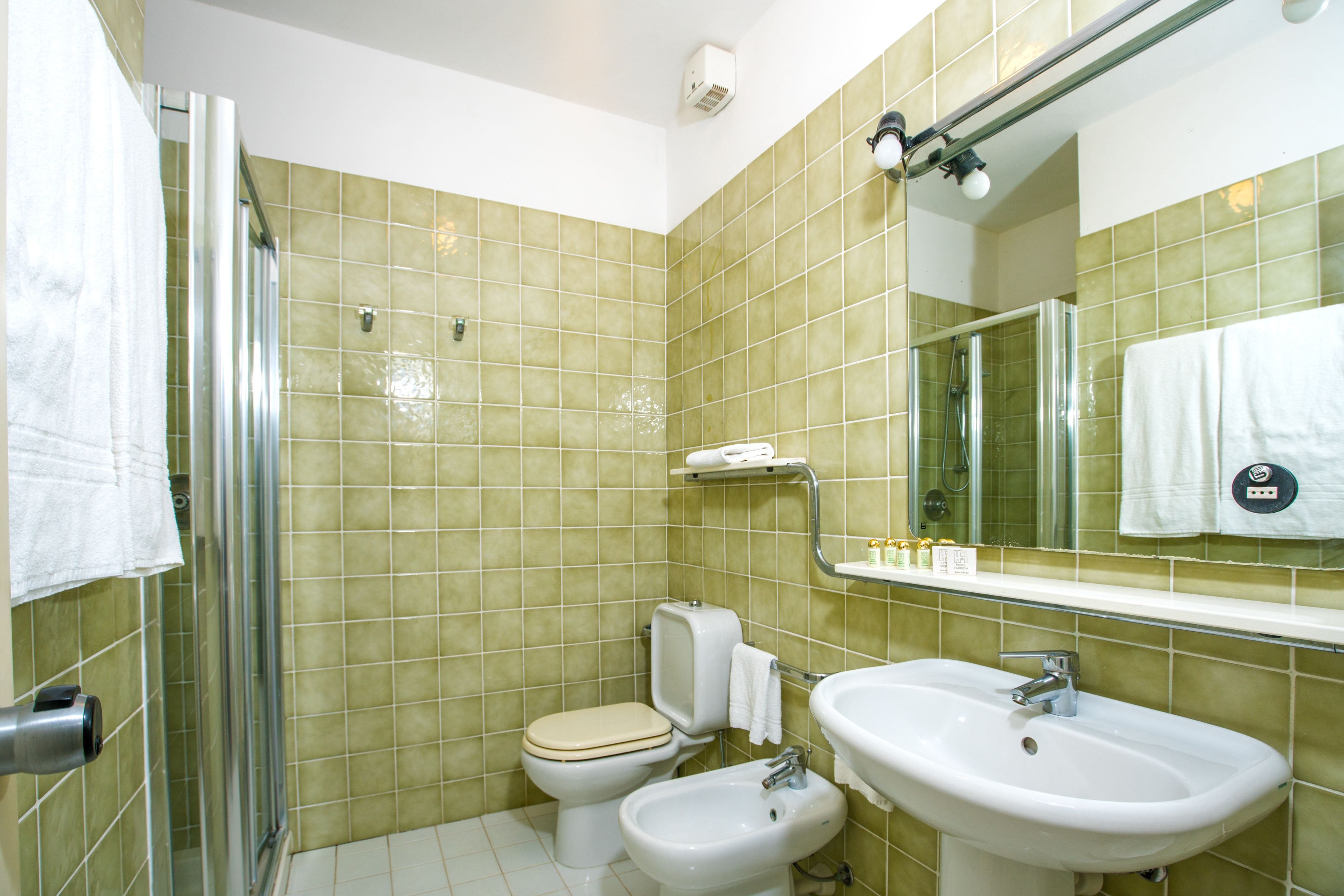 A bathroom with a shower, toilet, bidet, and sink.