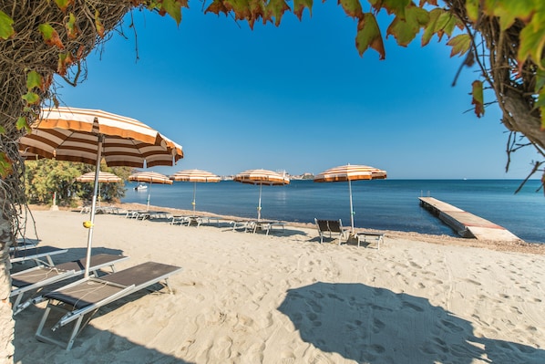 Private beach, sun loungers, beach umbrellas, snorkeling