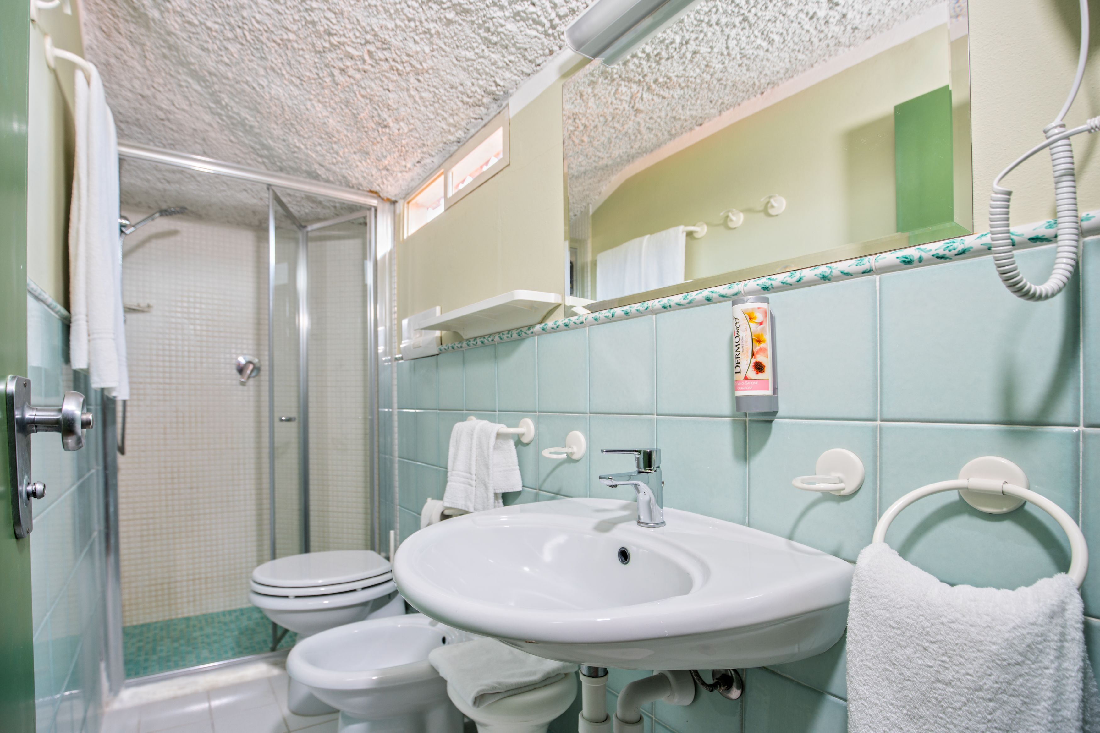 Une salle de bain équipée d’une douche, de toilettes, d’un lavabo et d’un porte-serviettes.