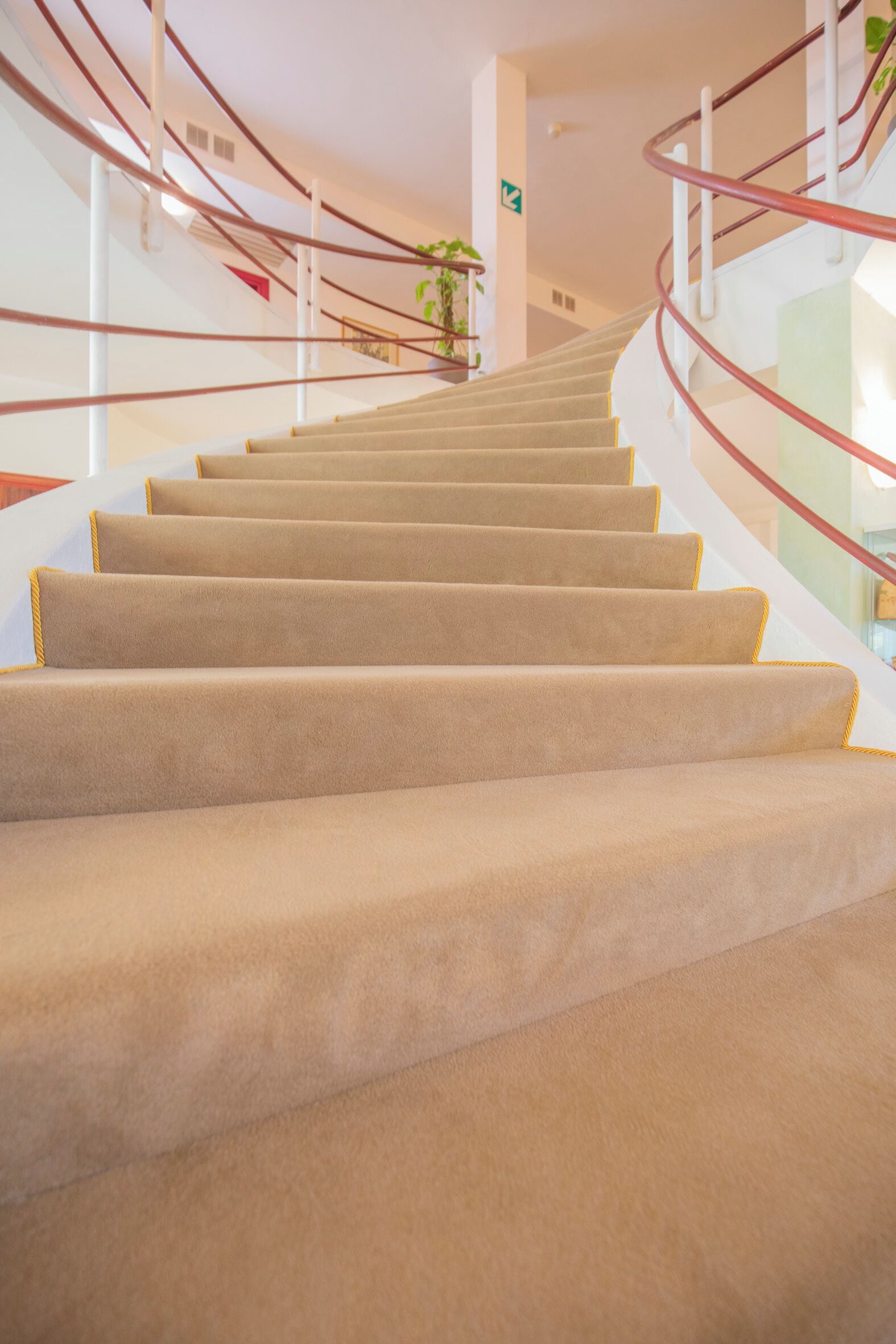 A carpeted staircase with a handrail and glass railings.