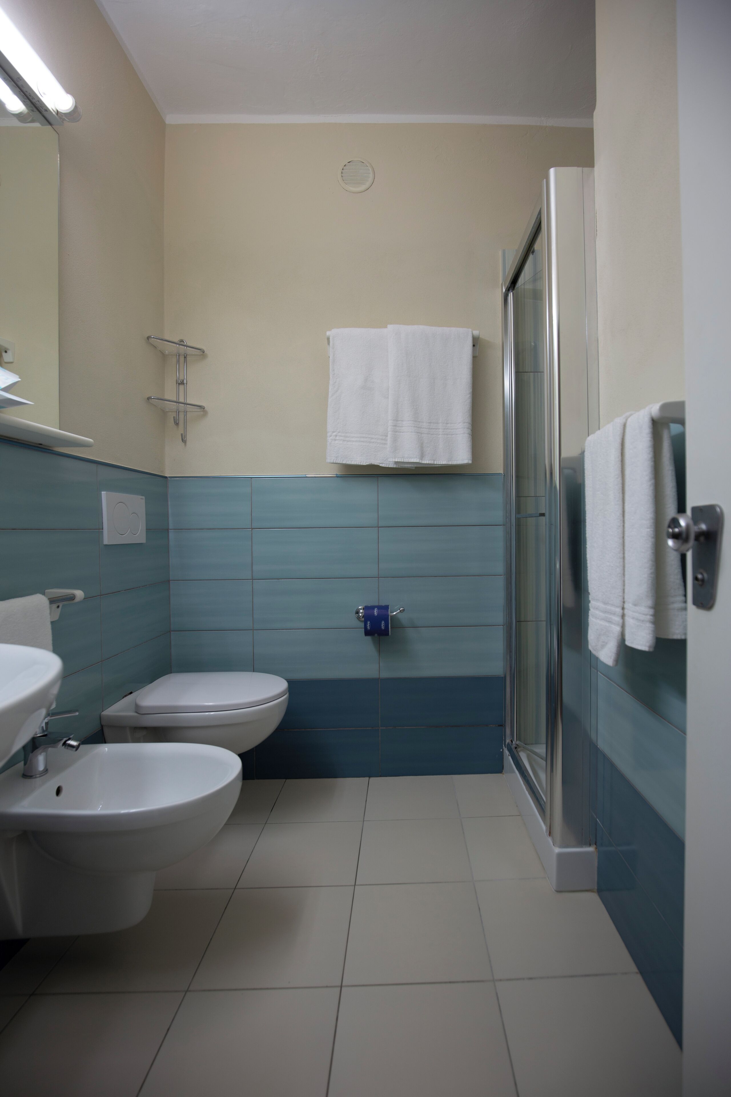 Een badkamer met toilet, bidet en douche.