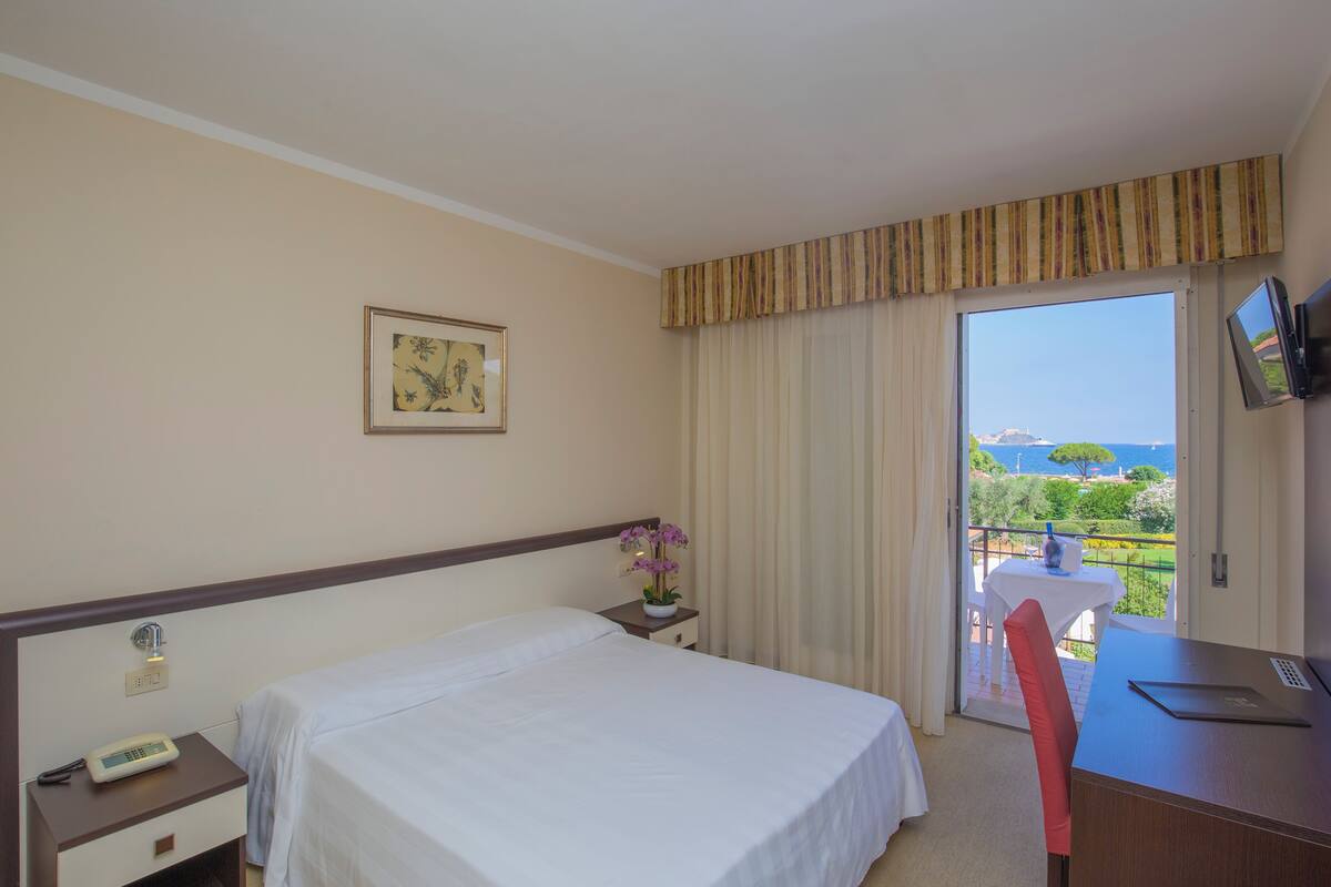 A hotel room with a bed, a desk, a television, a window with curtains, a small table, and a chair.