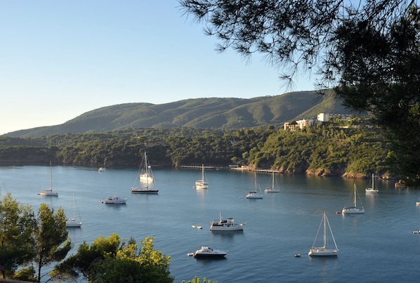 A coastal marina with multiple sailboats anchored in calm waters, surrounded by lush green hills and a clear sky. - JR Resort Elba International (Capoliveri)