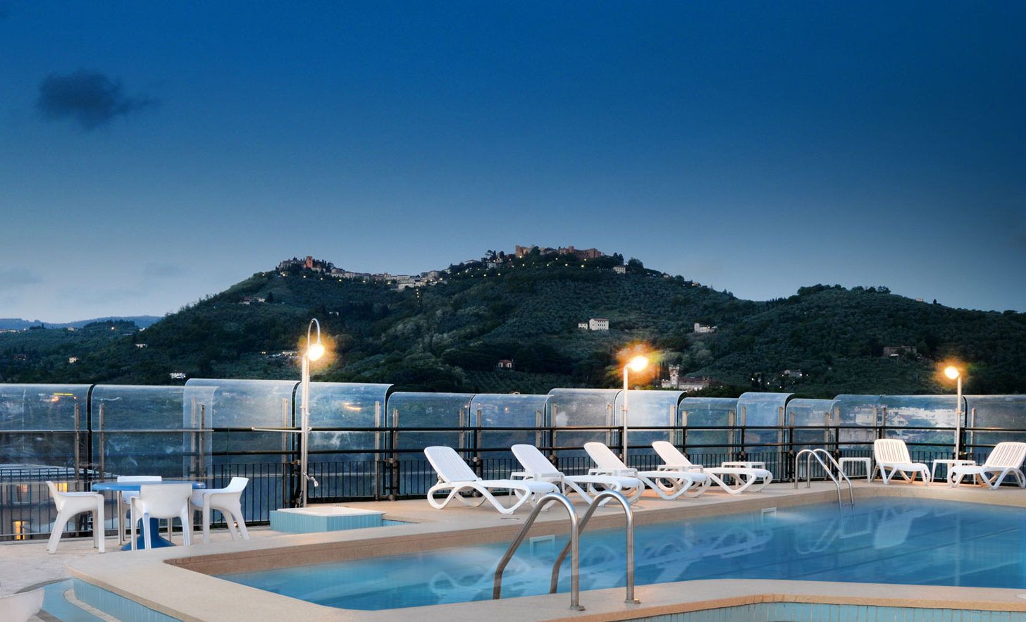 seasonal outdoor pool, pool umbrellas, pool loungers