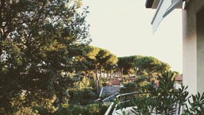 Un balcón con vista a un jardín ajardinado, con árboles y arbustos.