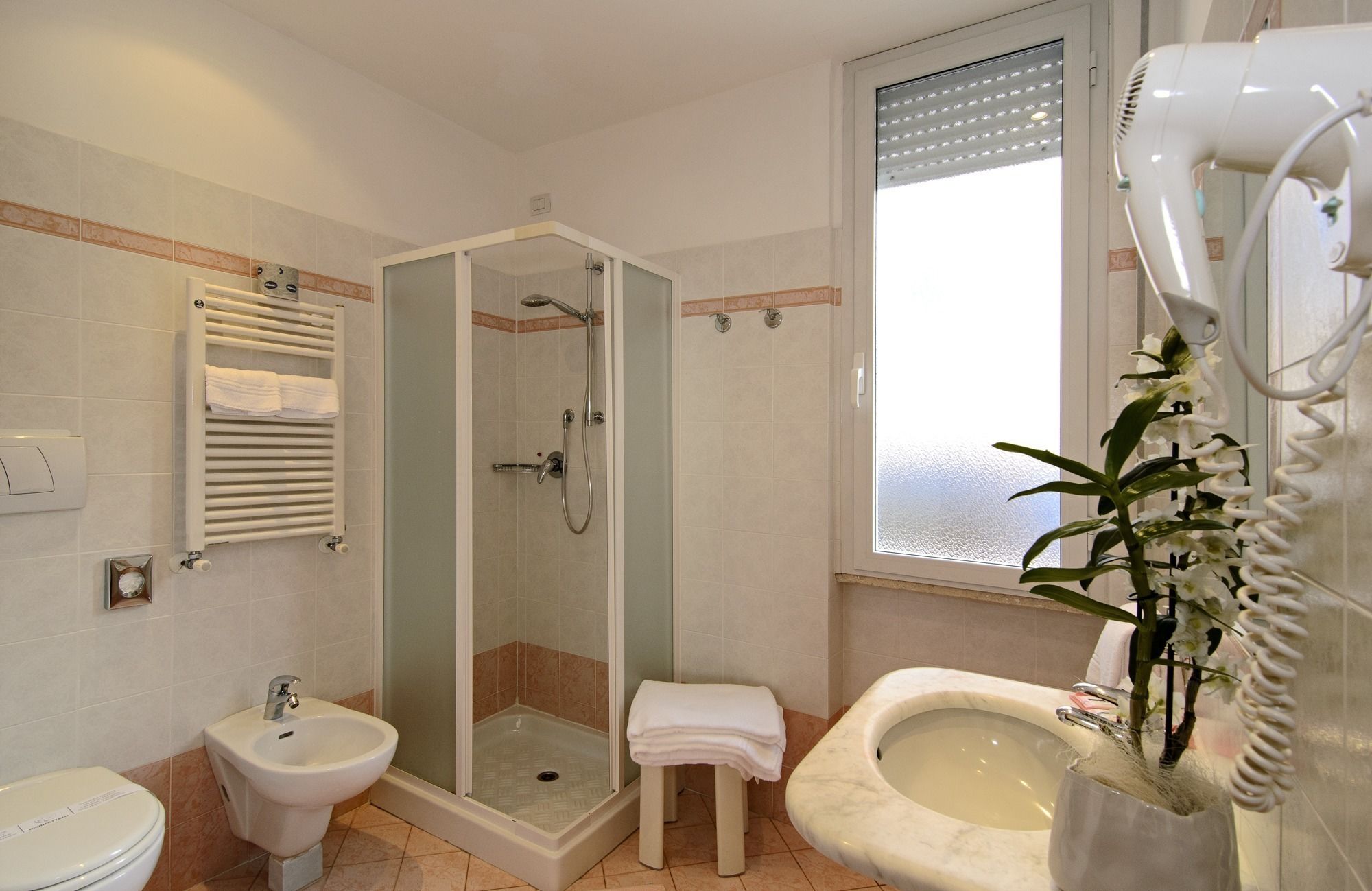 shower, free toiletries, hair dryer, bidet