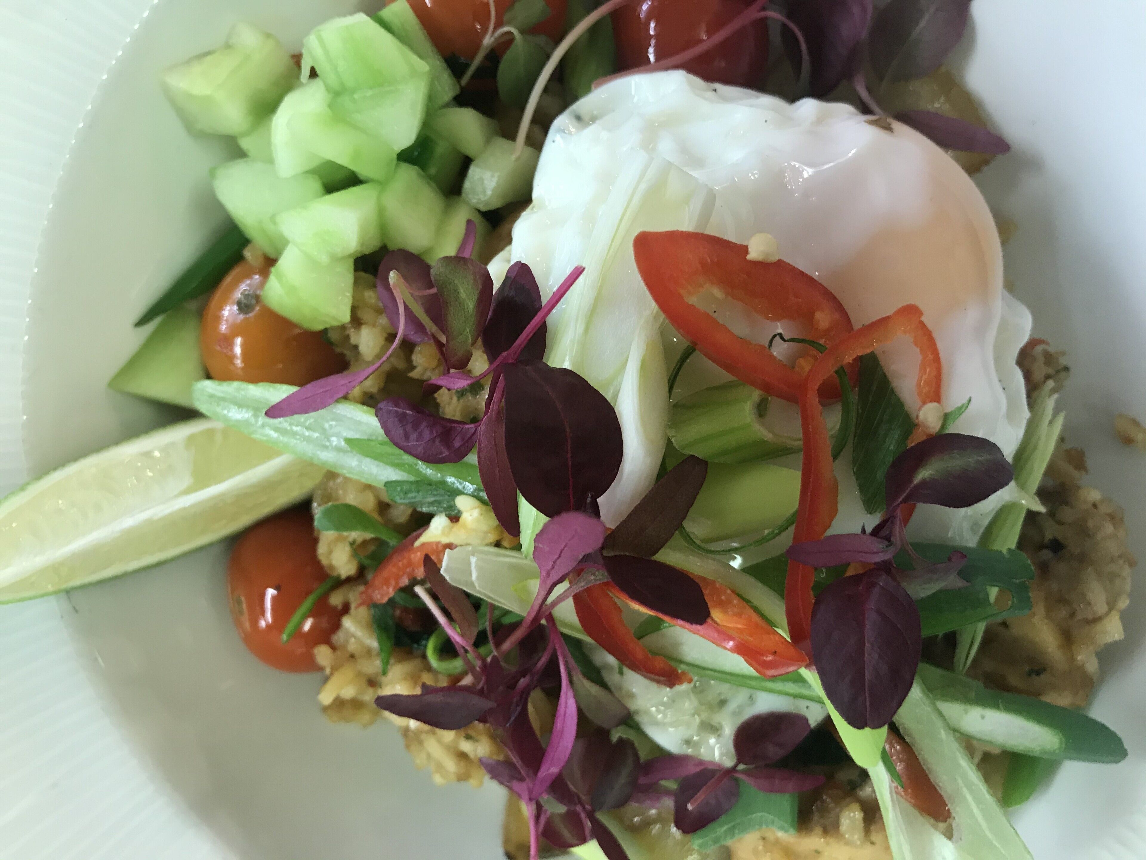 Um prato com ovo poché, pepino, tomate e diversos vegetais.
